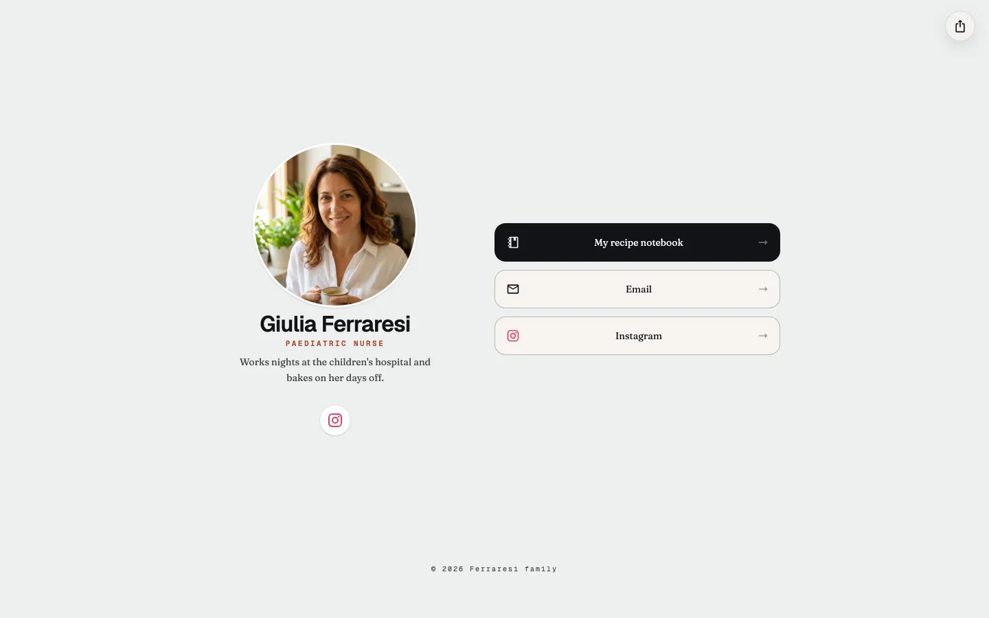 A person's page: a portrait, a short line, and a few links.